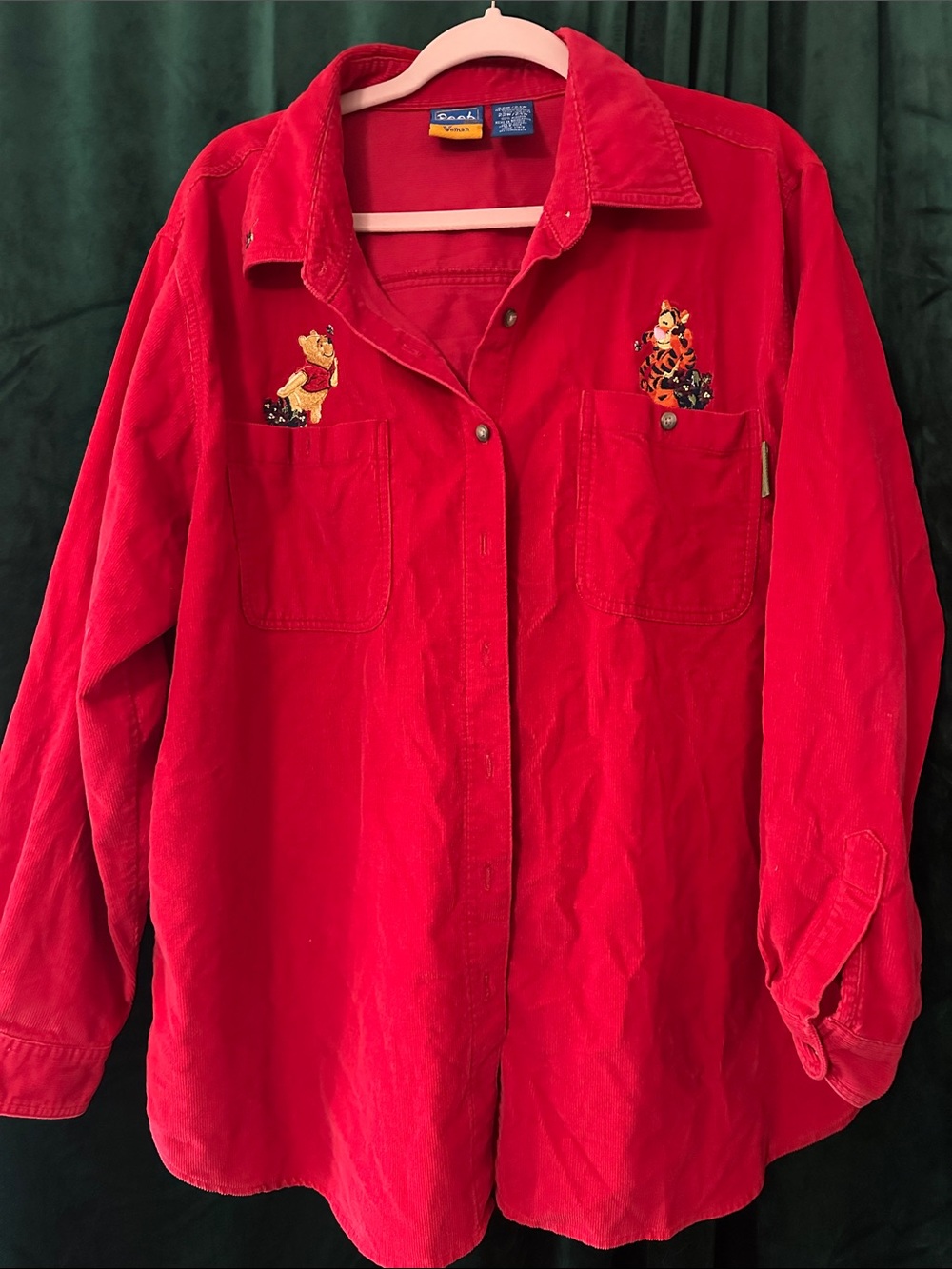 Pooh Red Corduroy Button-Up Shirt with Embroidered Characters